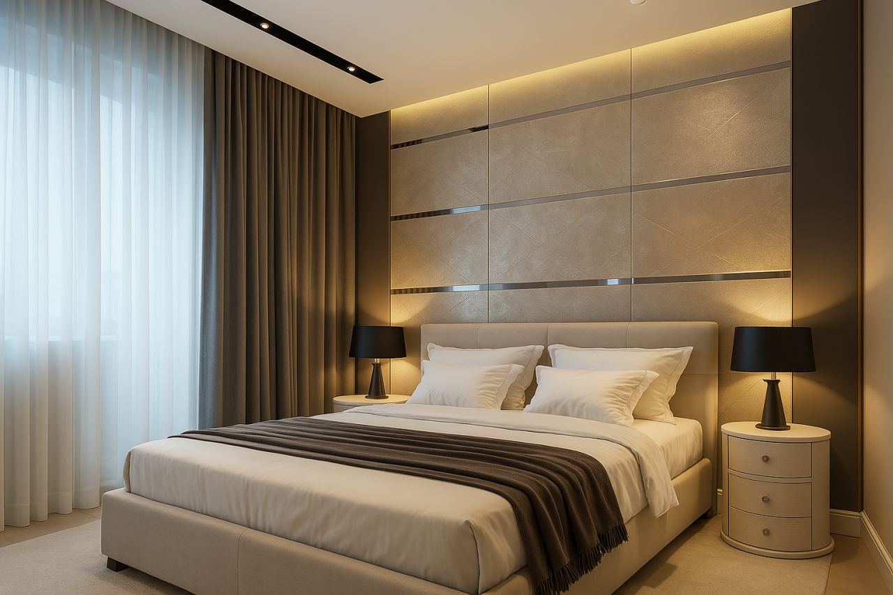 Bedroom with downlighting via Nichia LED Strips in cove lights