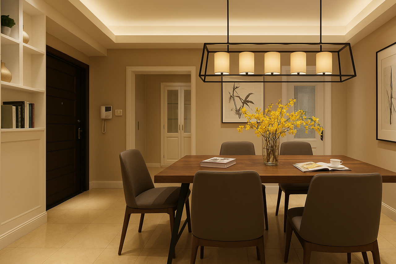 Living room lighting with indirect lighting via Nichia Lumistrips in cove lights