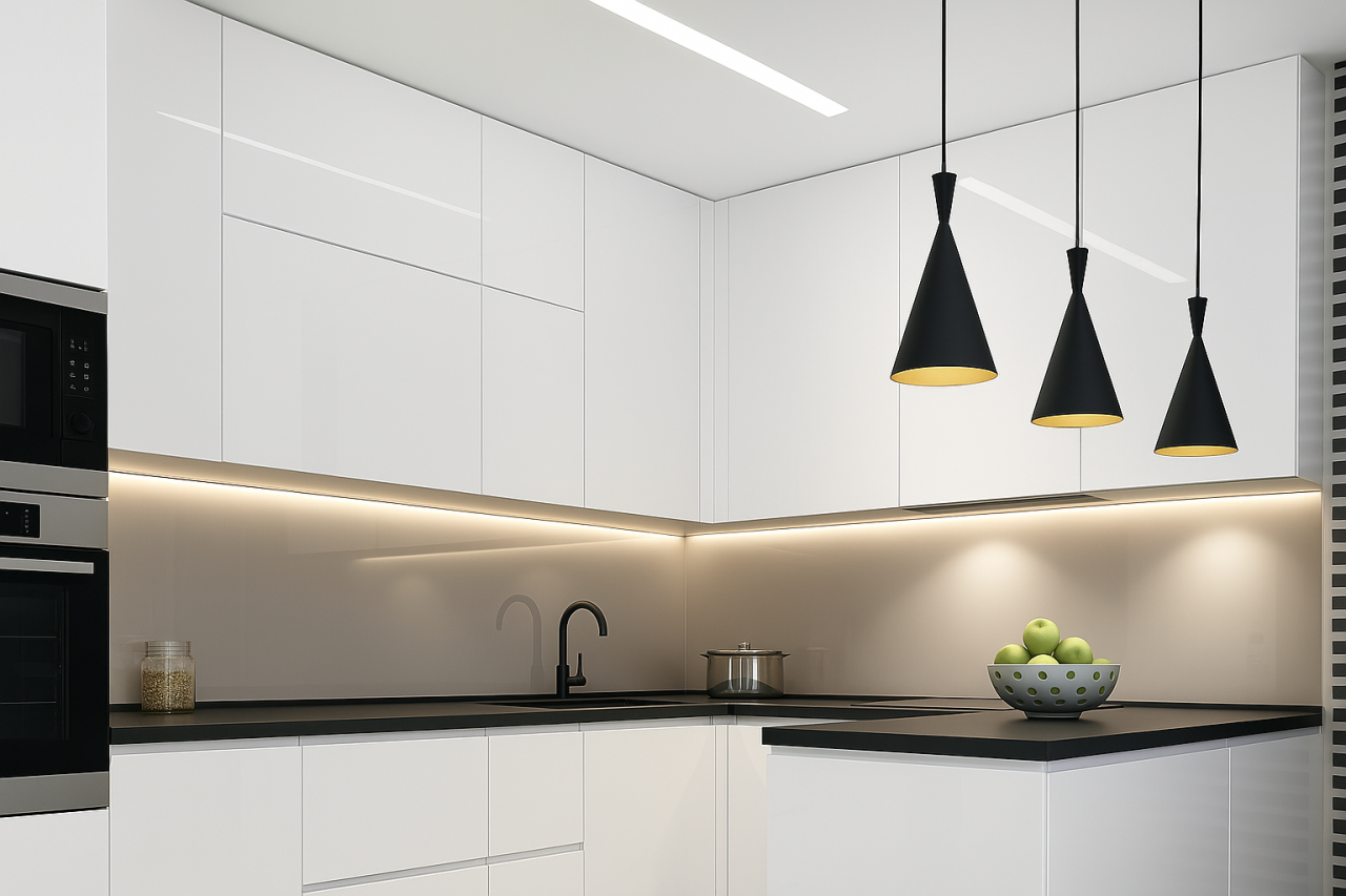 Kitchen with lines of light via Lumistrips LED strips in under cabinet and ceiling