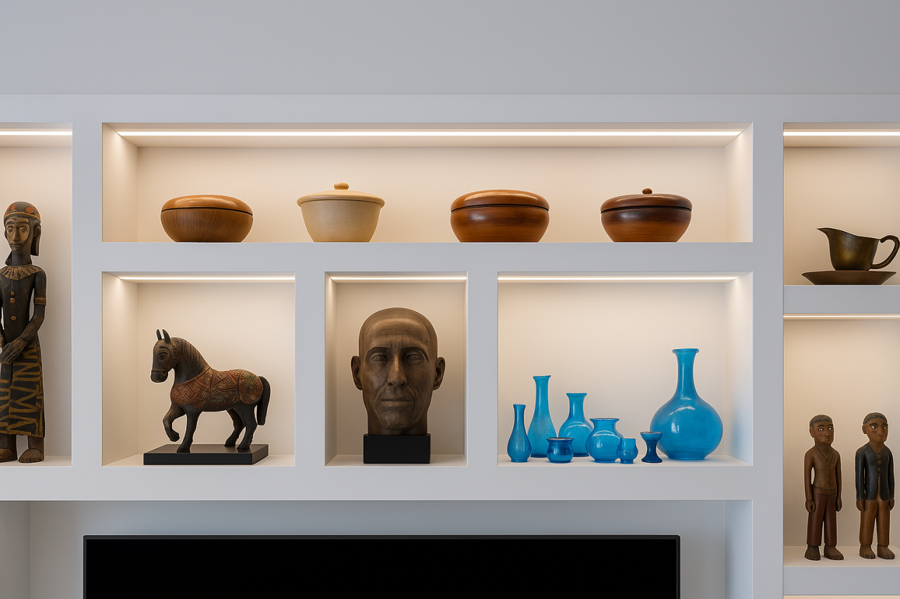 Accent lighting enhances the ambiance of a home by emphasizing architectural features, furniture, and ornaments. 