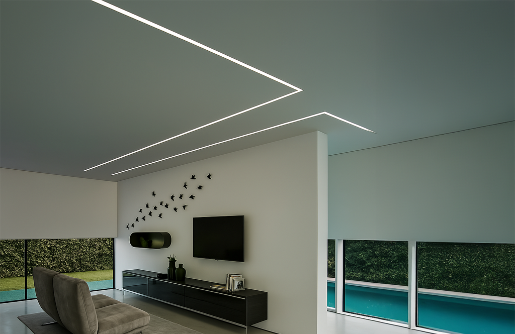 Living Room lighting with linear LED strip fixtures