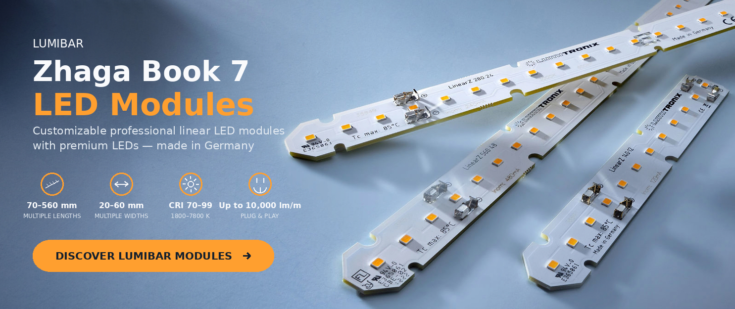 LumiBar Zhaga Book 7 linear LED modules with premium LEDs, multiple lengths and widths, high CRI options and Plug & Play integration, made in Germany.