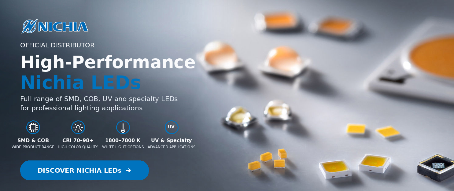 Nichia high-performance SMD, COB, UV and specialty LEDs for professional lighting applications, available through LEDRise as an official Nichia distributor.