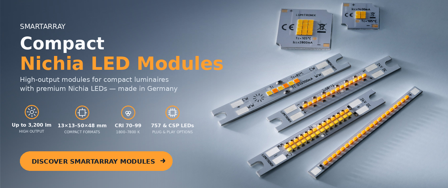 SmartArray compact high-output Nichia LED modules for professional luminaires, available in multiple formats, color temperatures and CRI options, made in Germany.