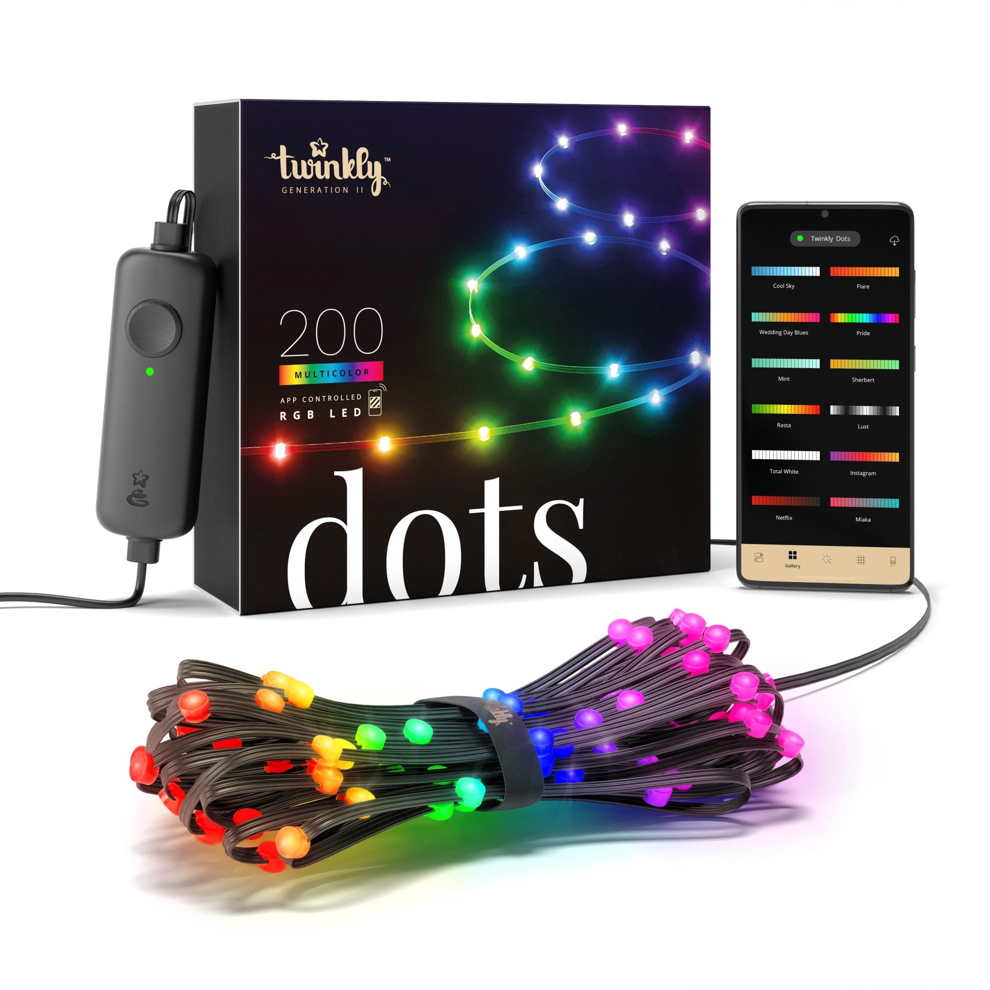 Twinkly Dots LED fairy lights RGB app controlled 200 LEDs 10m (2x 5m outgoing from controller) black cable