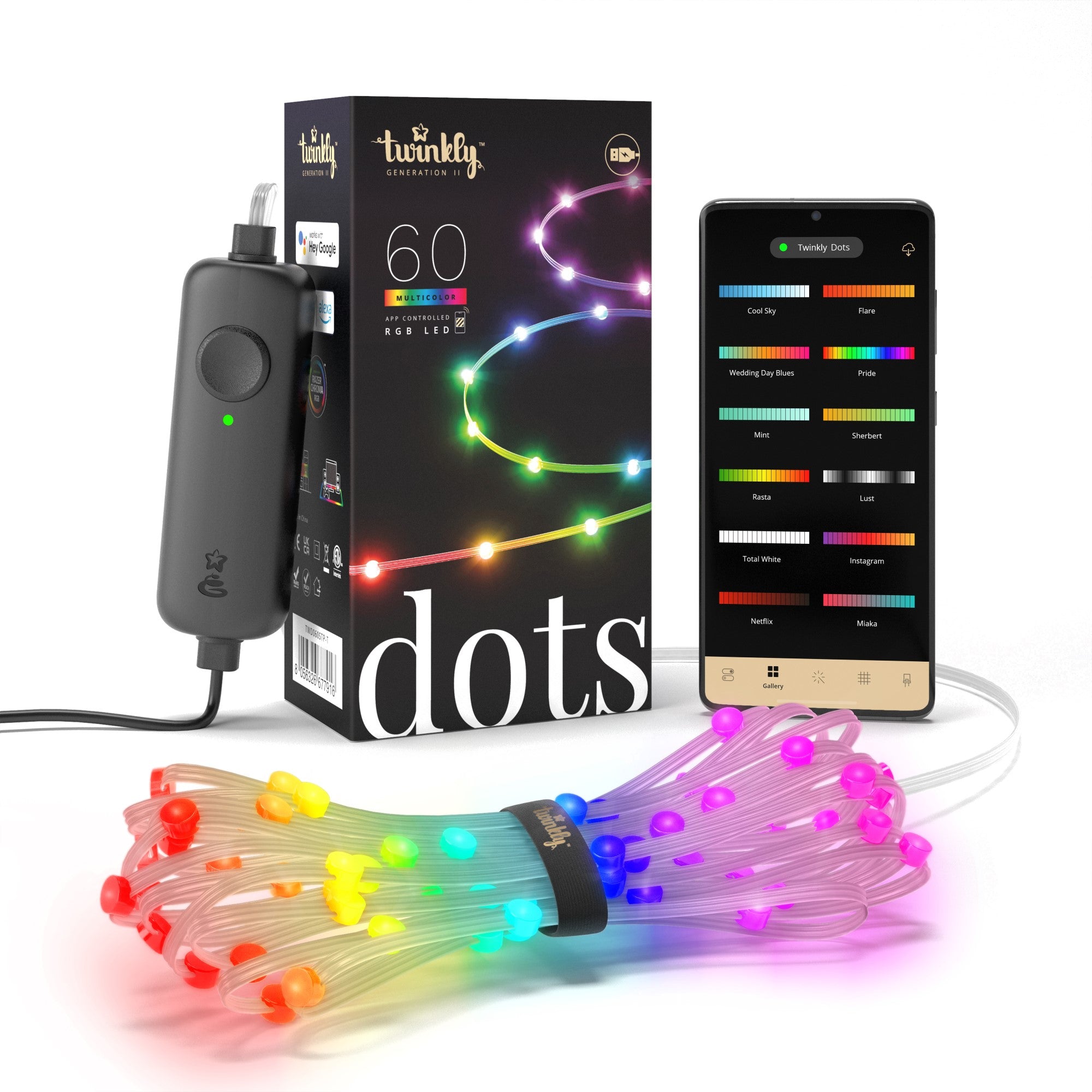 Twinkly Dots LED fairy lights RGB app controlled 60 LEDs 3m transparent cable