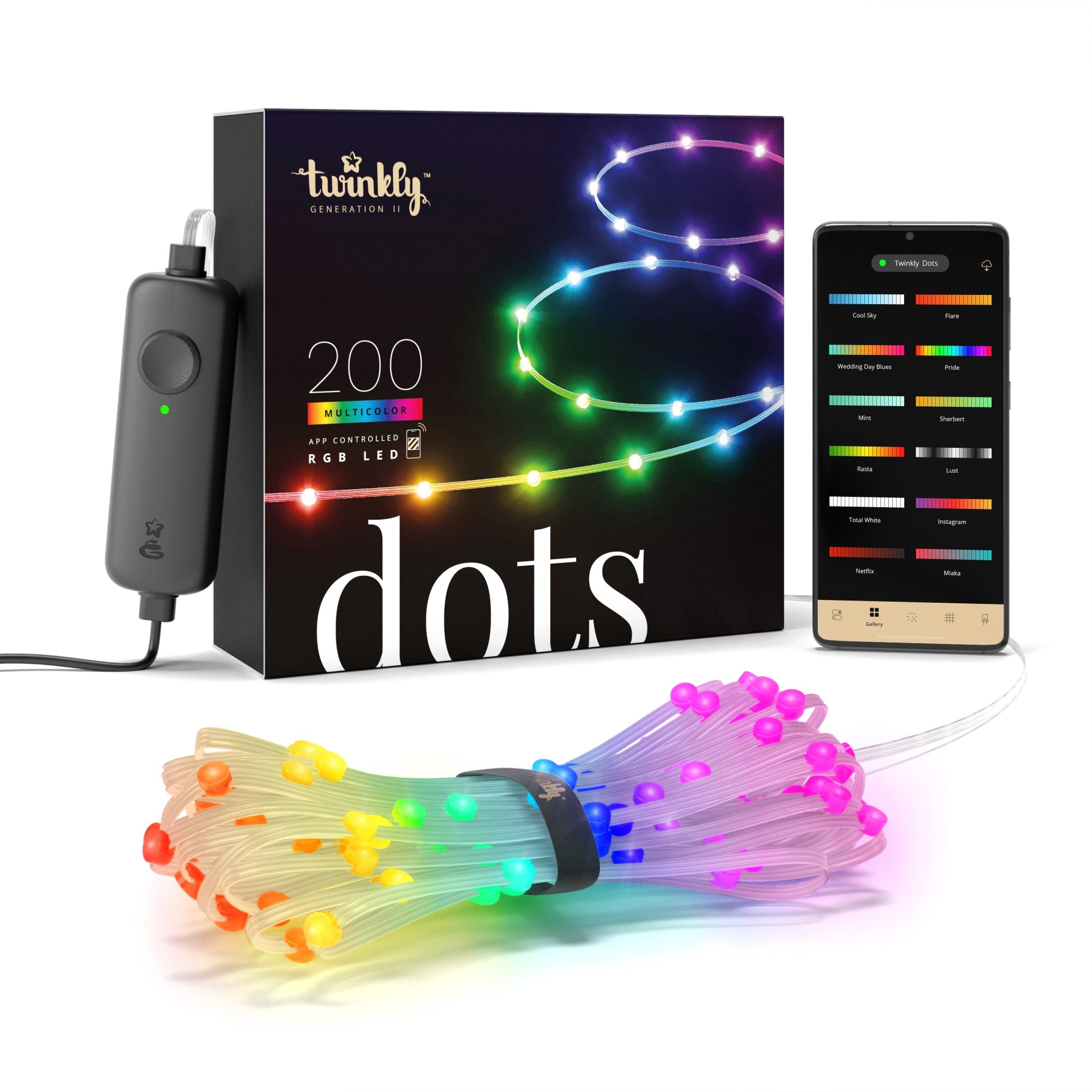 Twinkly Dots LED light chain RGB app controlled 60 LEDs 3m black cable
