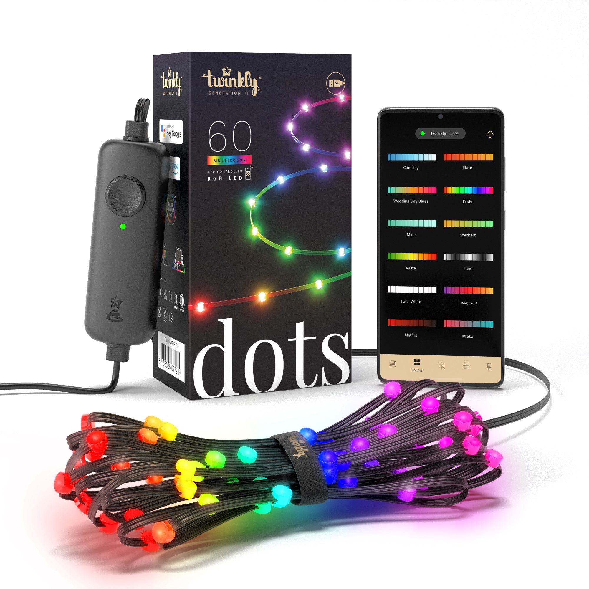 Twinkly Dots LED light chain RGB app controlled 60 LEDs 3m black cable