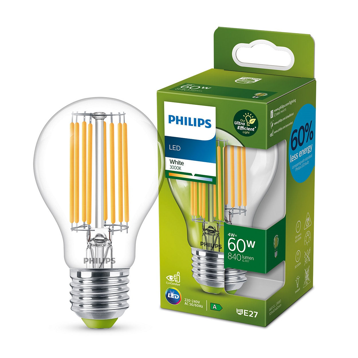 Philips Classic Filament LED bulb 4-60W E27 830 A-Class clear 3000K 840lm