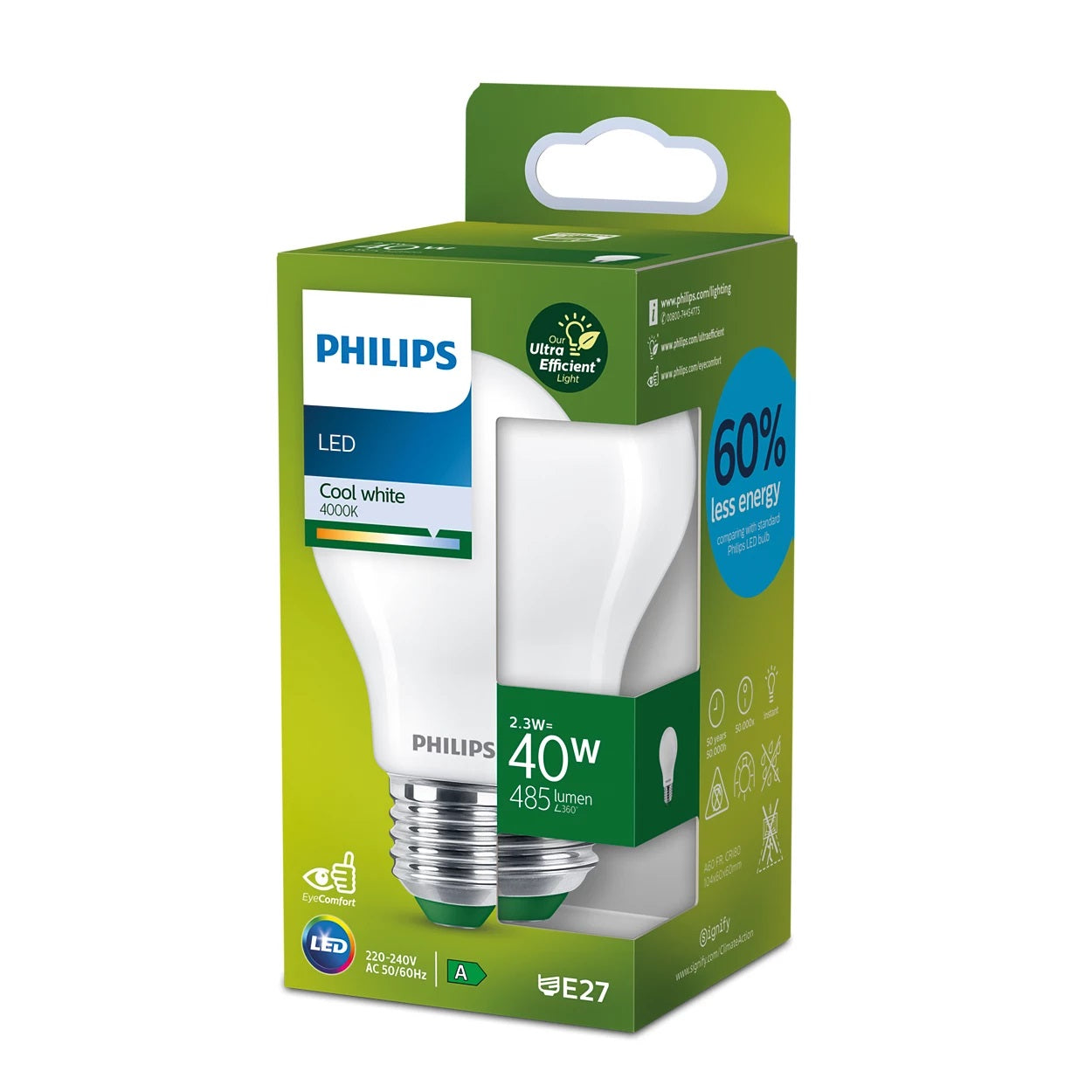 Philips Classic Filament LED bulb E27 CRI80 A-Class frosted 2.3-40W 4000K 485lm