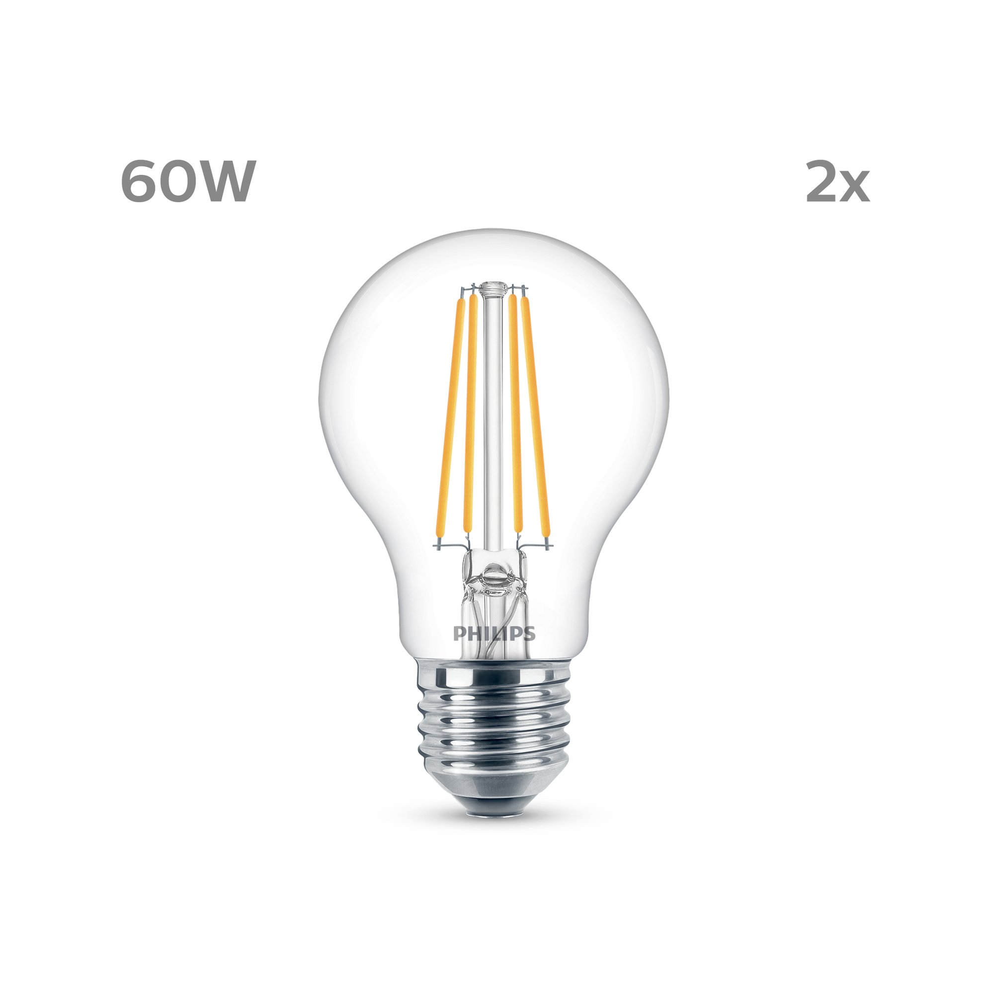 Philips Filament LED Bulb Double Pack 7-60W E27 840 clear 850lm 4000K