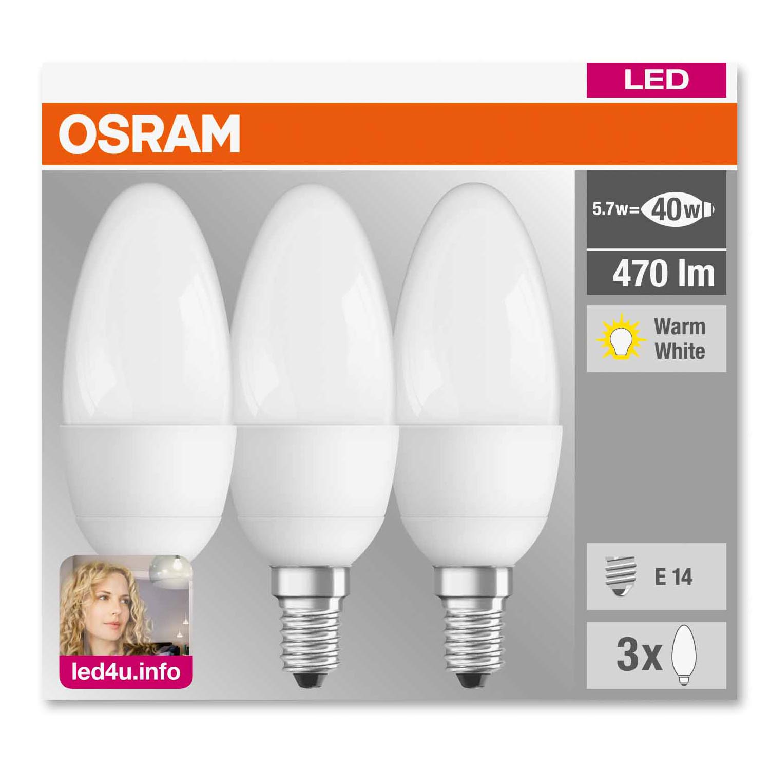 LED Bulb Osram LED BASE CLB40 53W 827 FR E14 3er-Pack 2700K 470lm