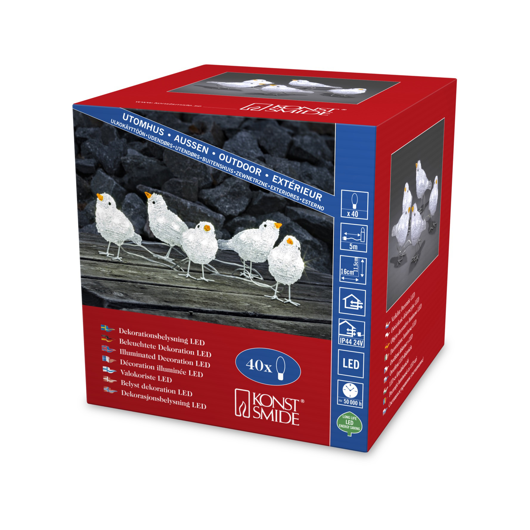 Acrylic LED birds, set of 5, 40 coldwhite LEDs