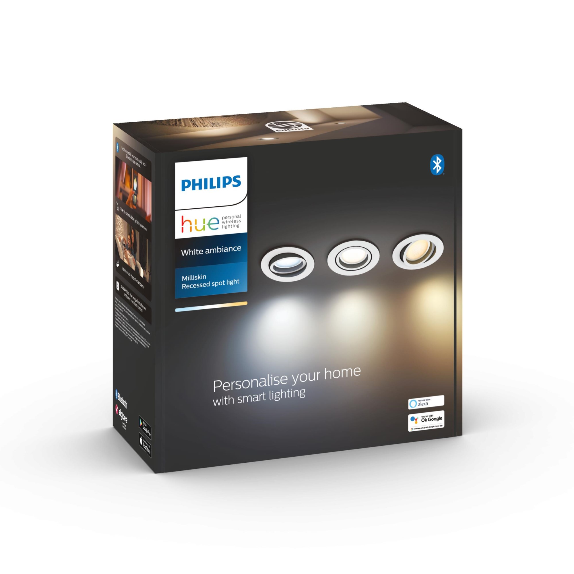 Philips Hue White Ambiance Milliskin LED Downlight round Set of 3 white 3x 350lm incl. Dimmer Switch