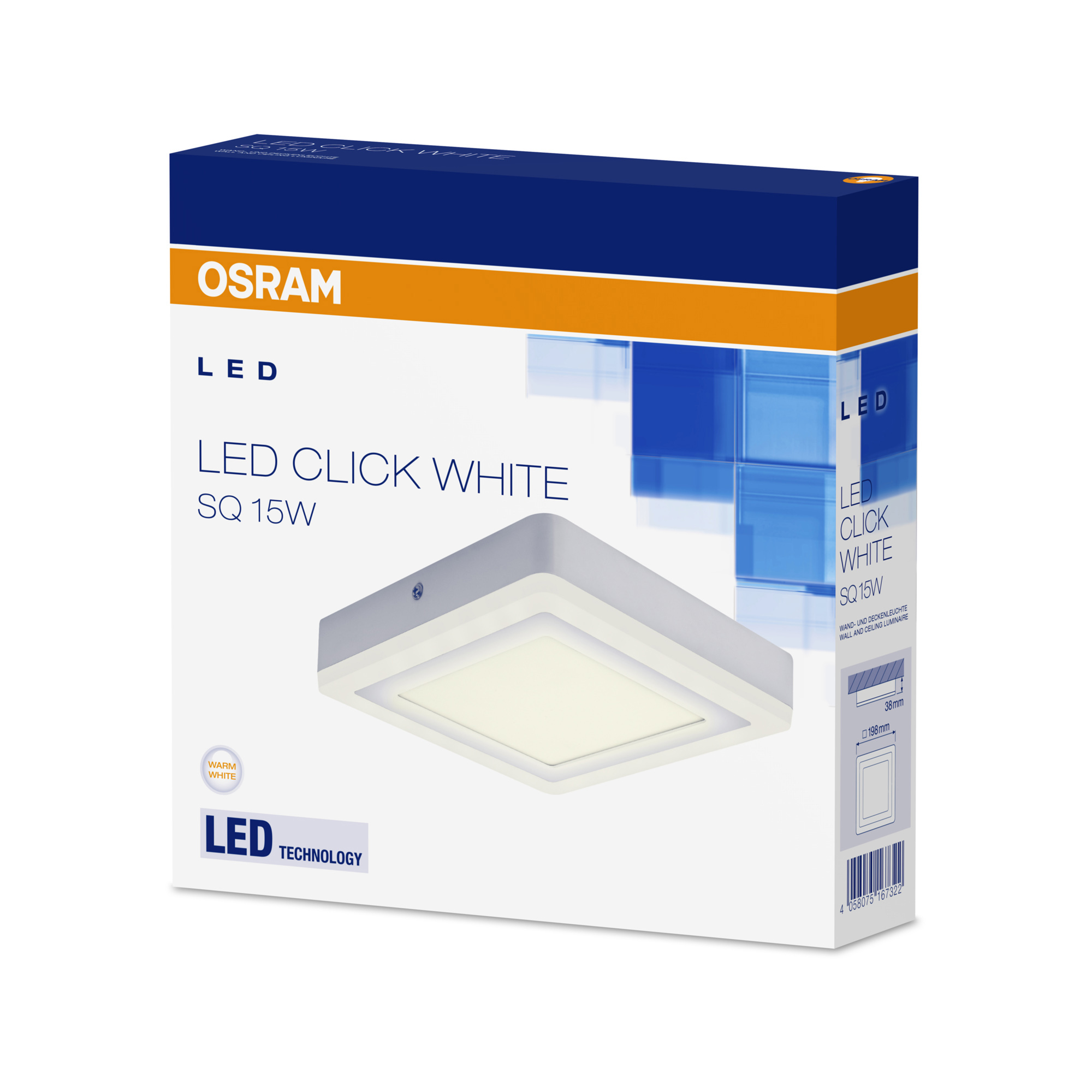 Osram LED CLICK WHITE Square Ceiling and Wall Luminaire 20cm 15W 750lm 3000K CRI80