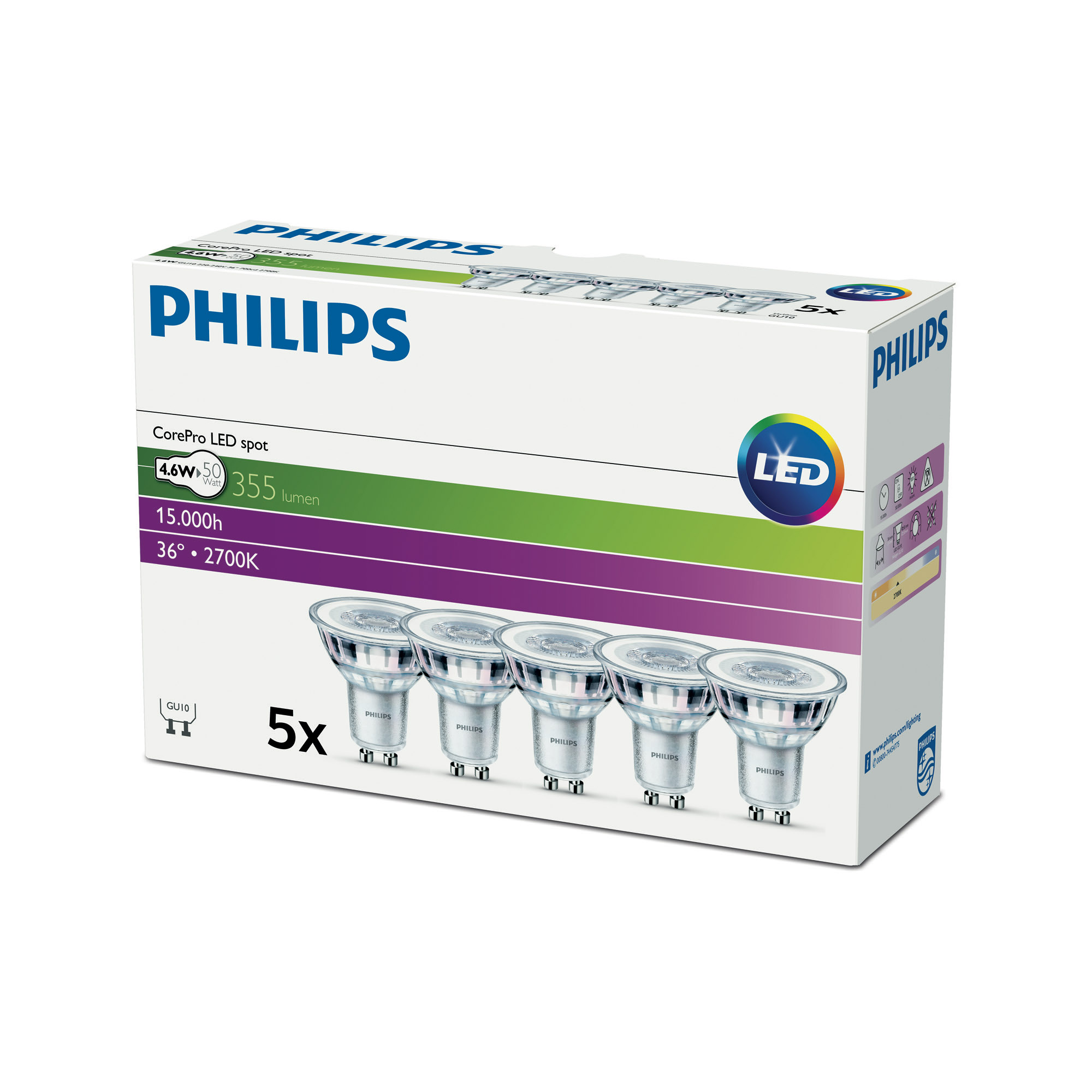 Philips CorePro LEDspot 4,6-50W GU10 827 36° Multipack of 5 355lm 2700K