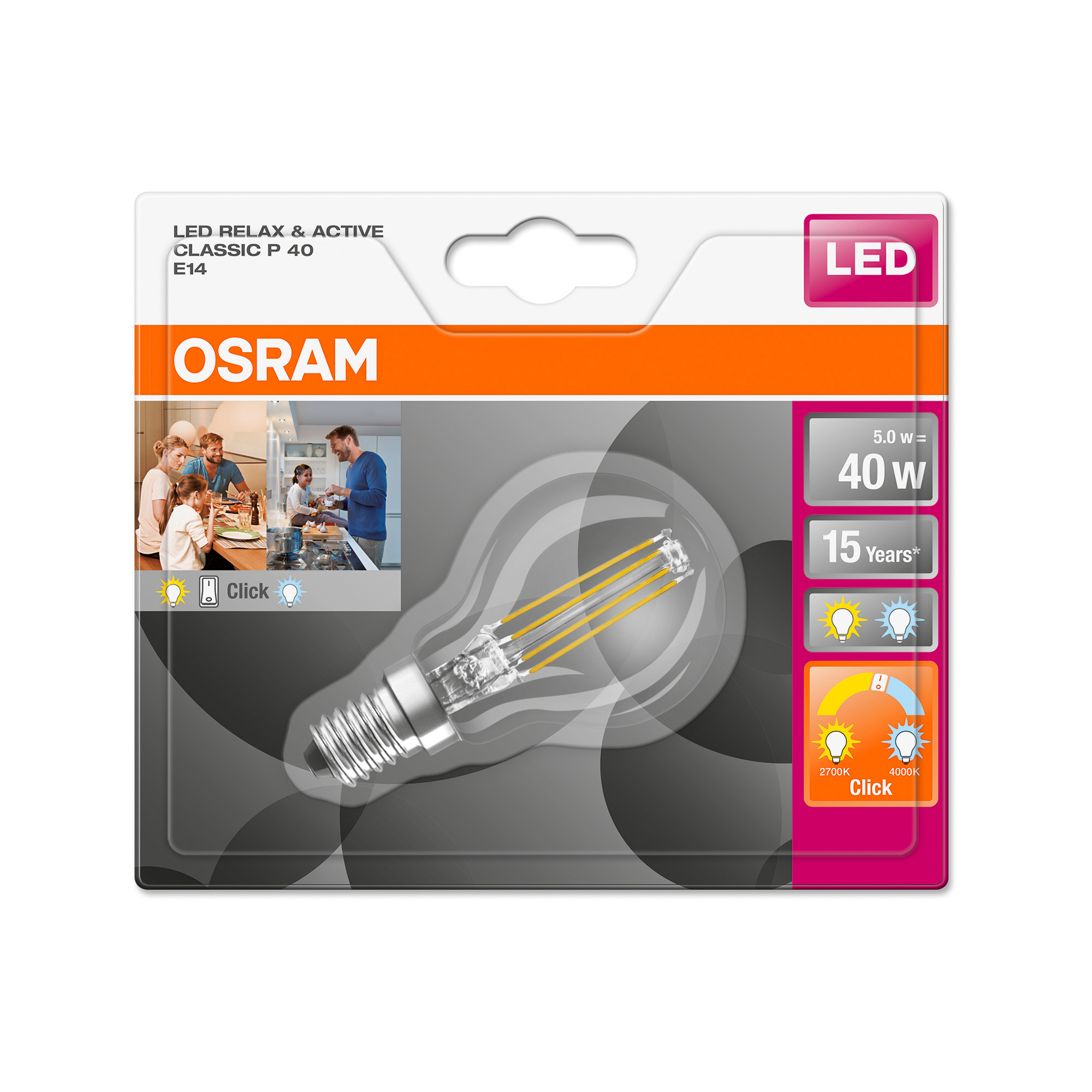 Osram LED STAR+ CLP 40 FILAMENT clear 5W E14 4000K + 2700K 600lm