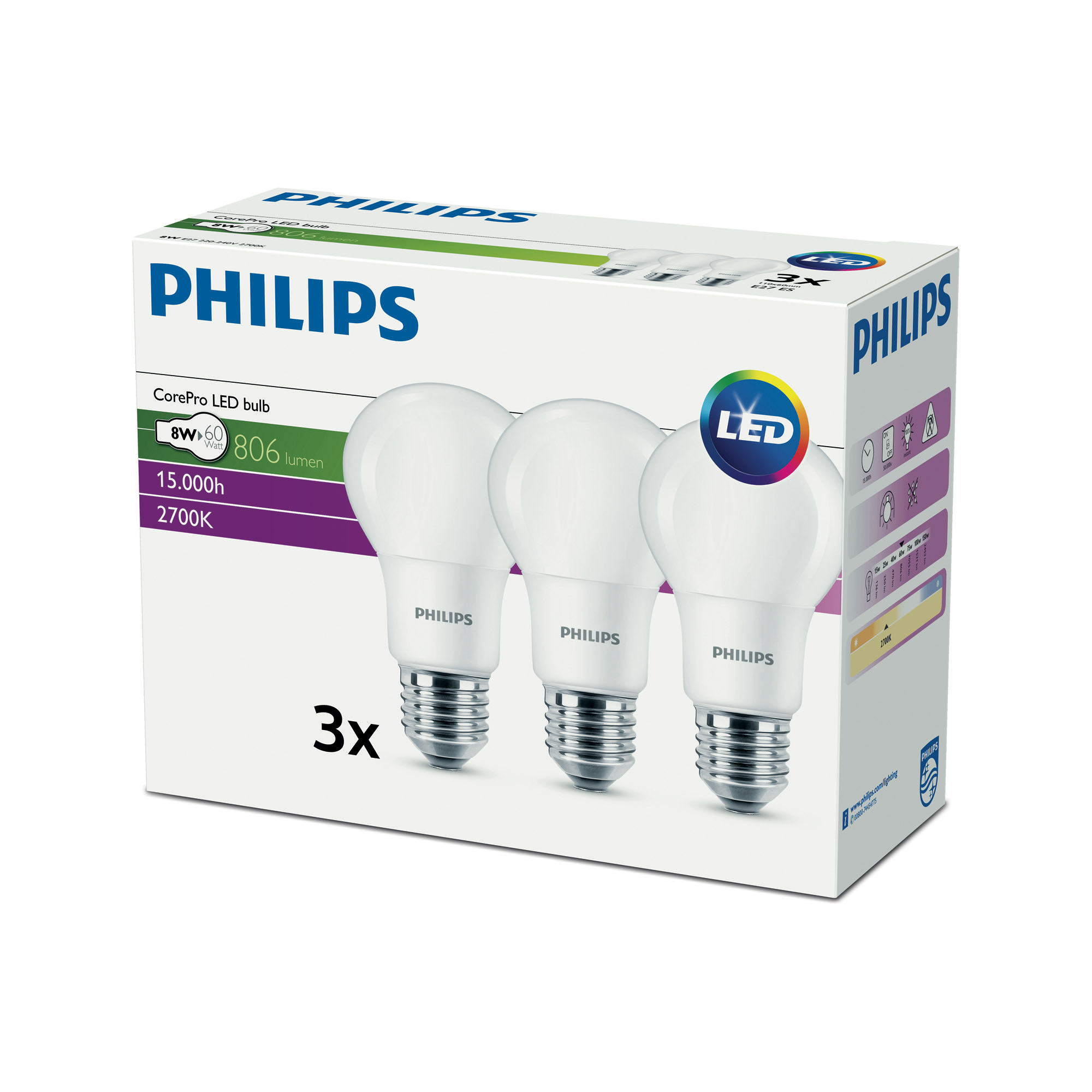 Philips CorePro LEDbulb 8-60W A60 E27 827 Multipack of 3 806lm 2700K