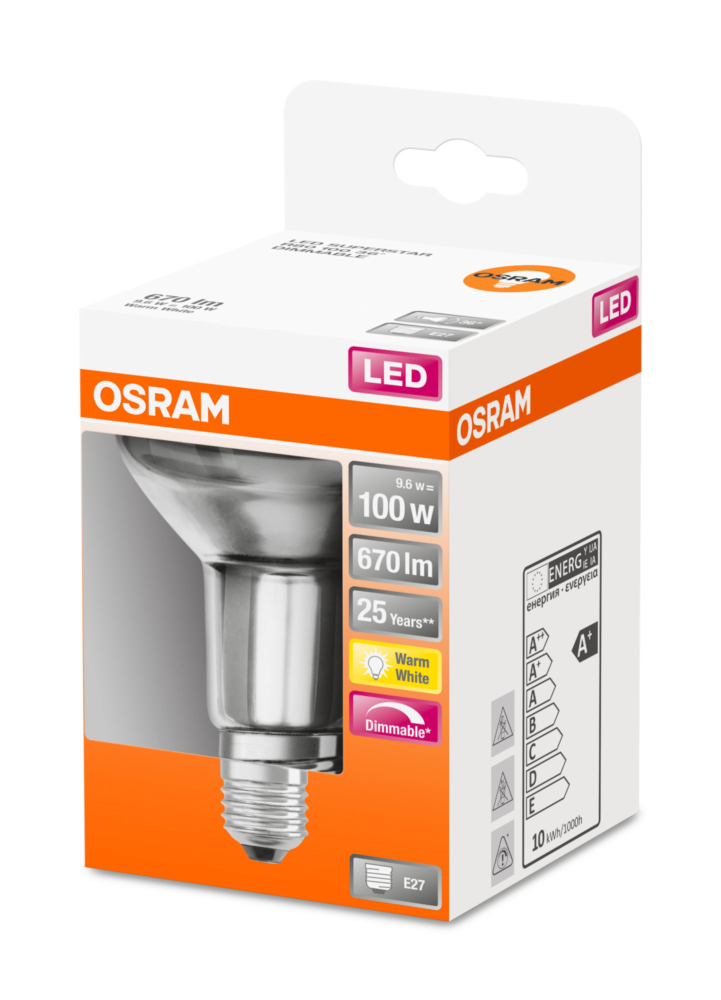 Osram LED SUPERSTAR R80 100 DIM 36° 9,6W 827 E27 670lm 2700K